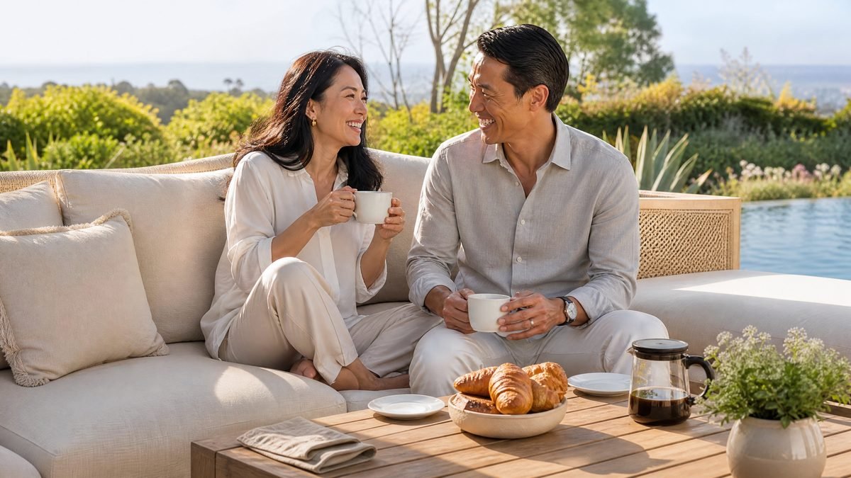 Asian couple on luxury patio