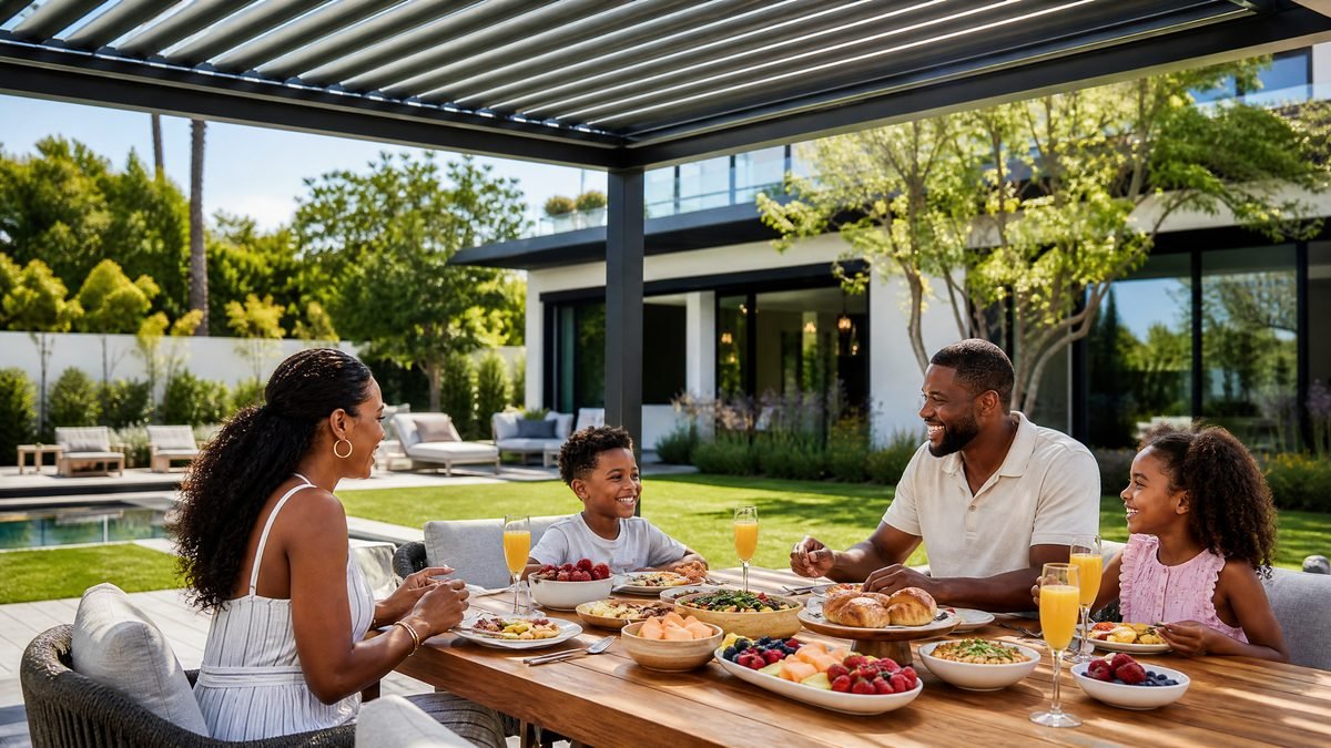 Black family relaxing under luxury motorized louvered pergola