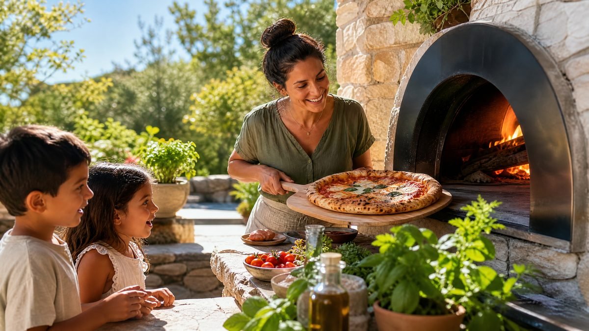 Latina mother and children at outdoor wood-fired pizza oven