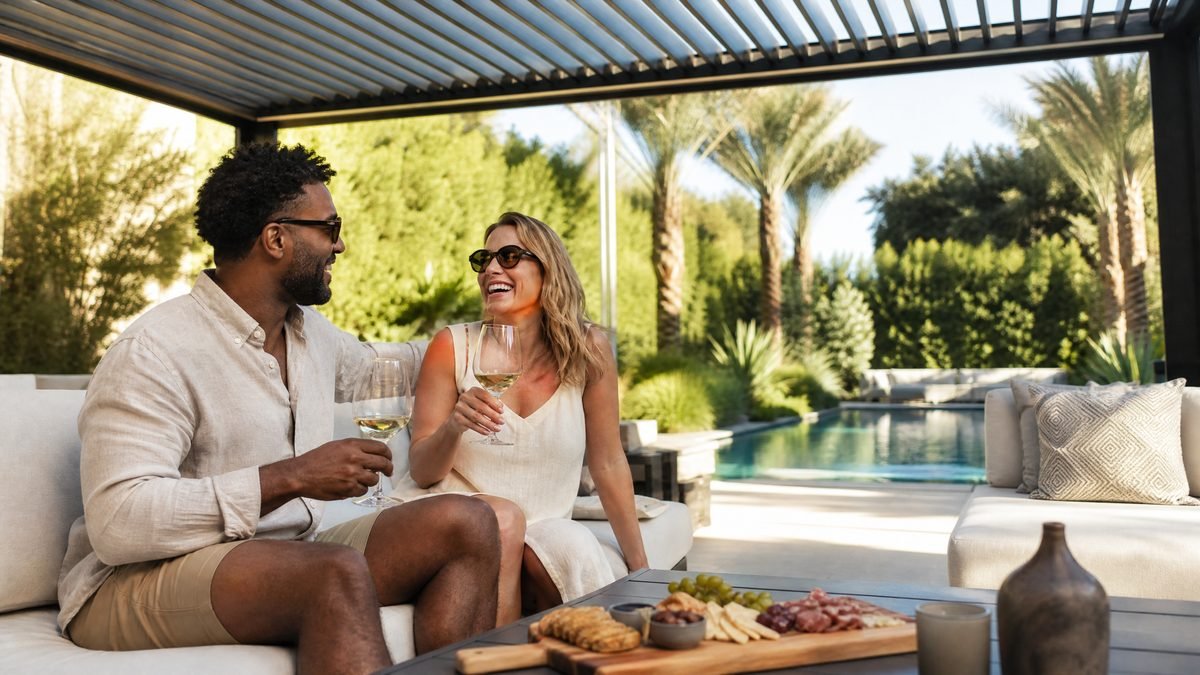 Mixed couple relaxing under luxury pergola