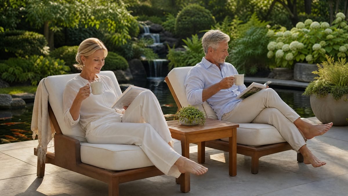 Couple enjoying luxury patio furniture with morning coffee