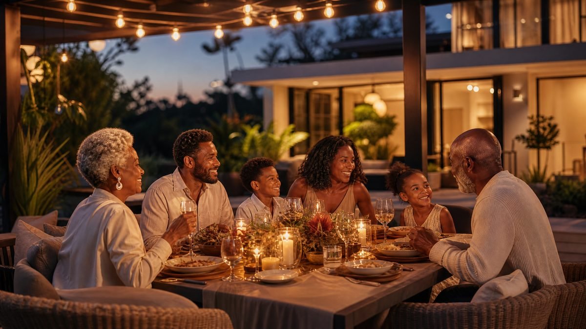 Black family enjoying luxury outdoor dinner